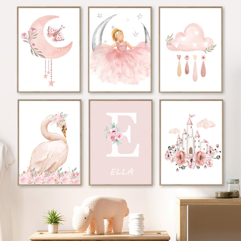 Baby Nursery Animal Prints - Ángel rosa niña sol Luna nube