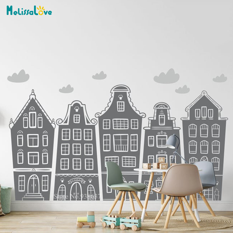 Baby Nursery Decals - Calcomanía de casas y nubes escandinavas