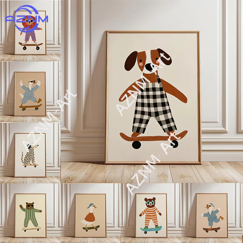 Baby Nursery Animal Prints - Póster Divertido de Animales Patinando, Pintura