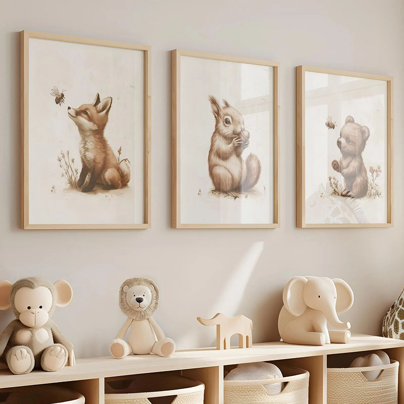 Baby Nursery Animal Prints - Póster de Animales: Oso, Conejo, Zorro,