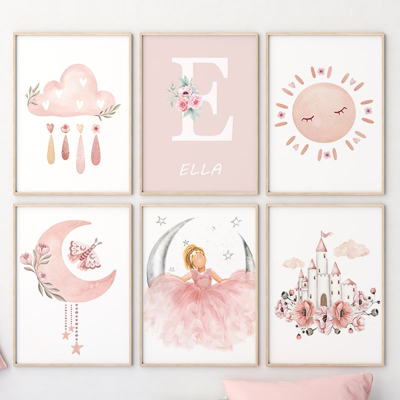 Ángel rosa niña sol Luna nube  - Baby Nursery Animal Prints reseña y precio