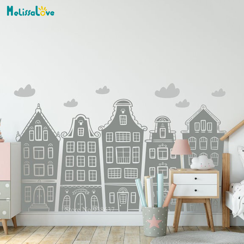 Calcomanía de casas y nubes es - Baby Nursery Decals reseña y precio