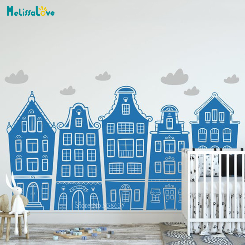 Calcomanía de casas y nubes es - Baby Nursery Decals reseña y precio